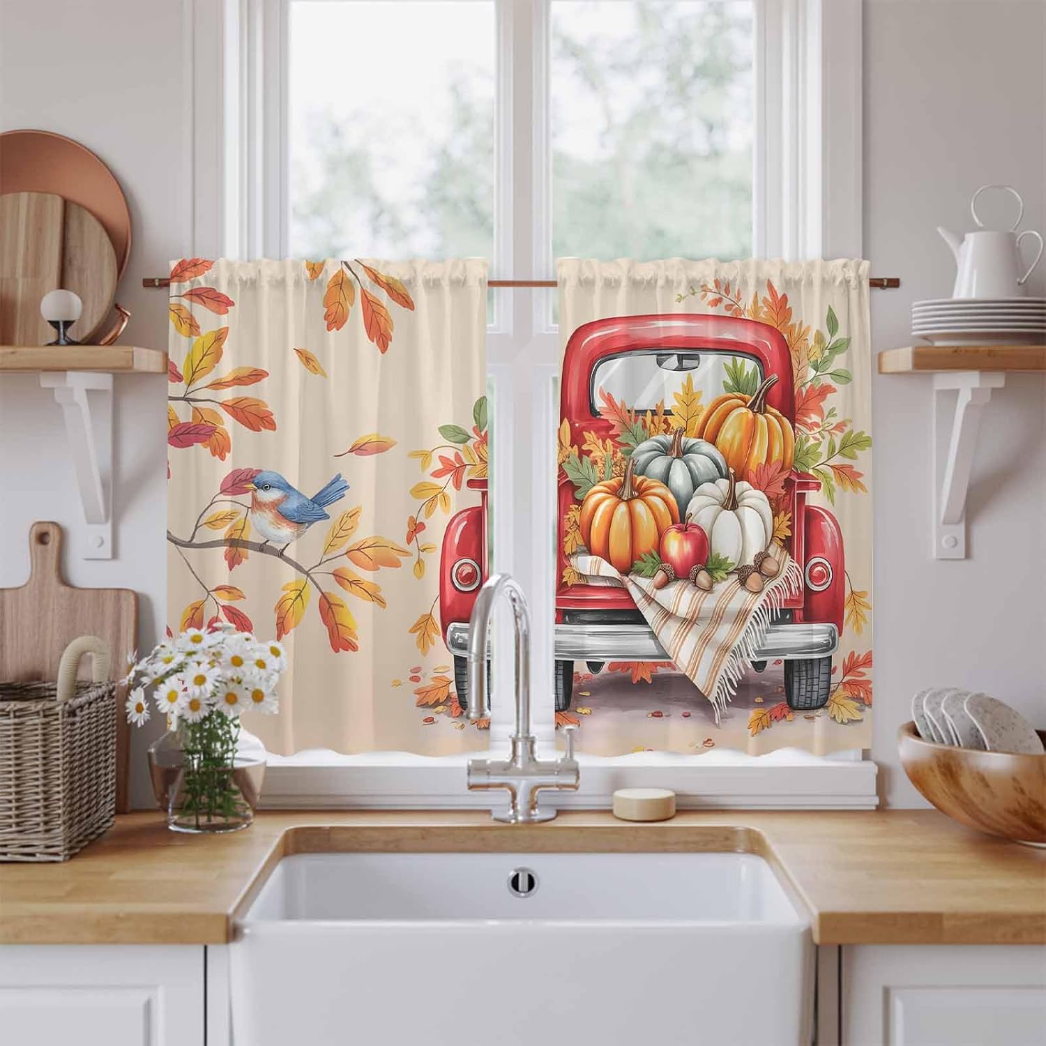 Thanksgiving Truck Kitchen Tier Curtains 45 Inch Long 2 Panel Set,Rod Pocket Short Window Treatment,Fall Orange Pumpkins Pastoral Leaves Curtains & Drapes for Bathroom Basement 27.5"W x 45"L