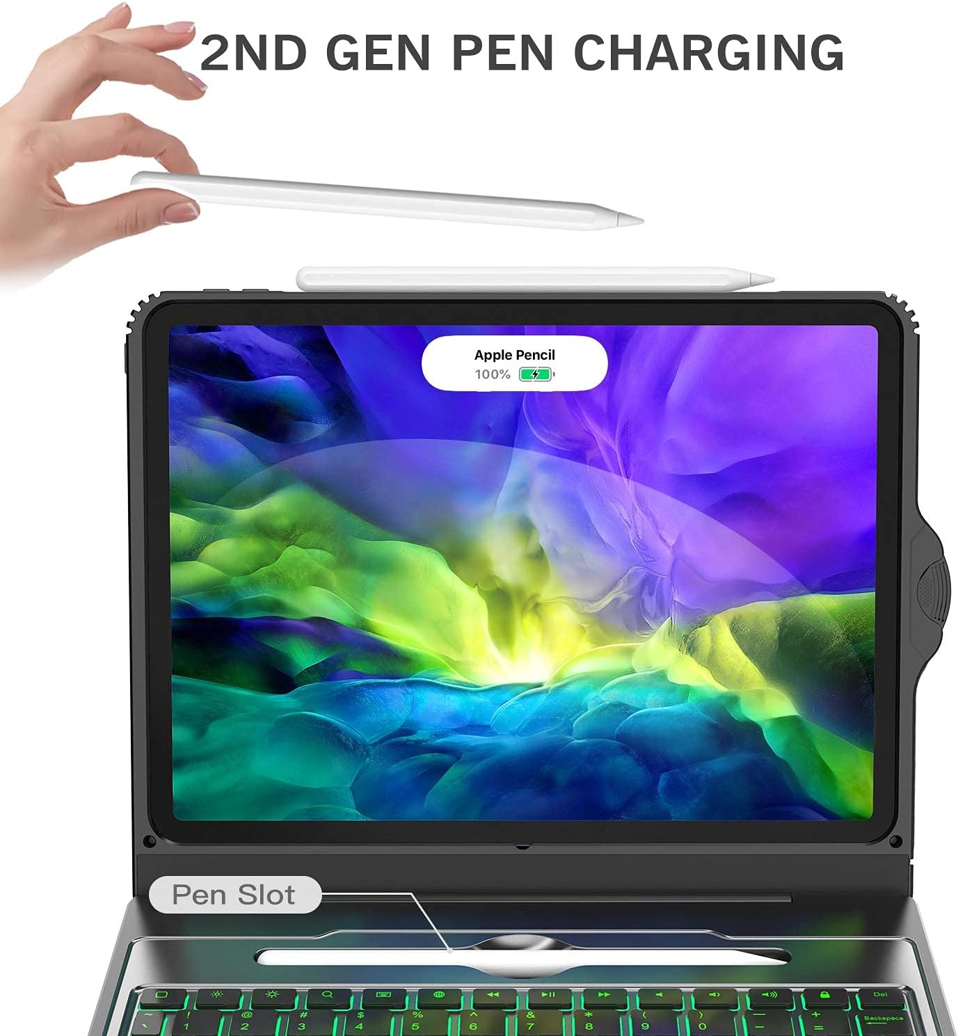 CHESONA iPad Pro 11 Case 2020 with Keyboard, 5-in-1 USB-C Hub, 7 Color Backlit - Pencil Holder - Smart Magic Keyboard for 11-inch iPad Pro (2020/2018 2nd/1st Generation), Black