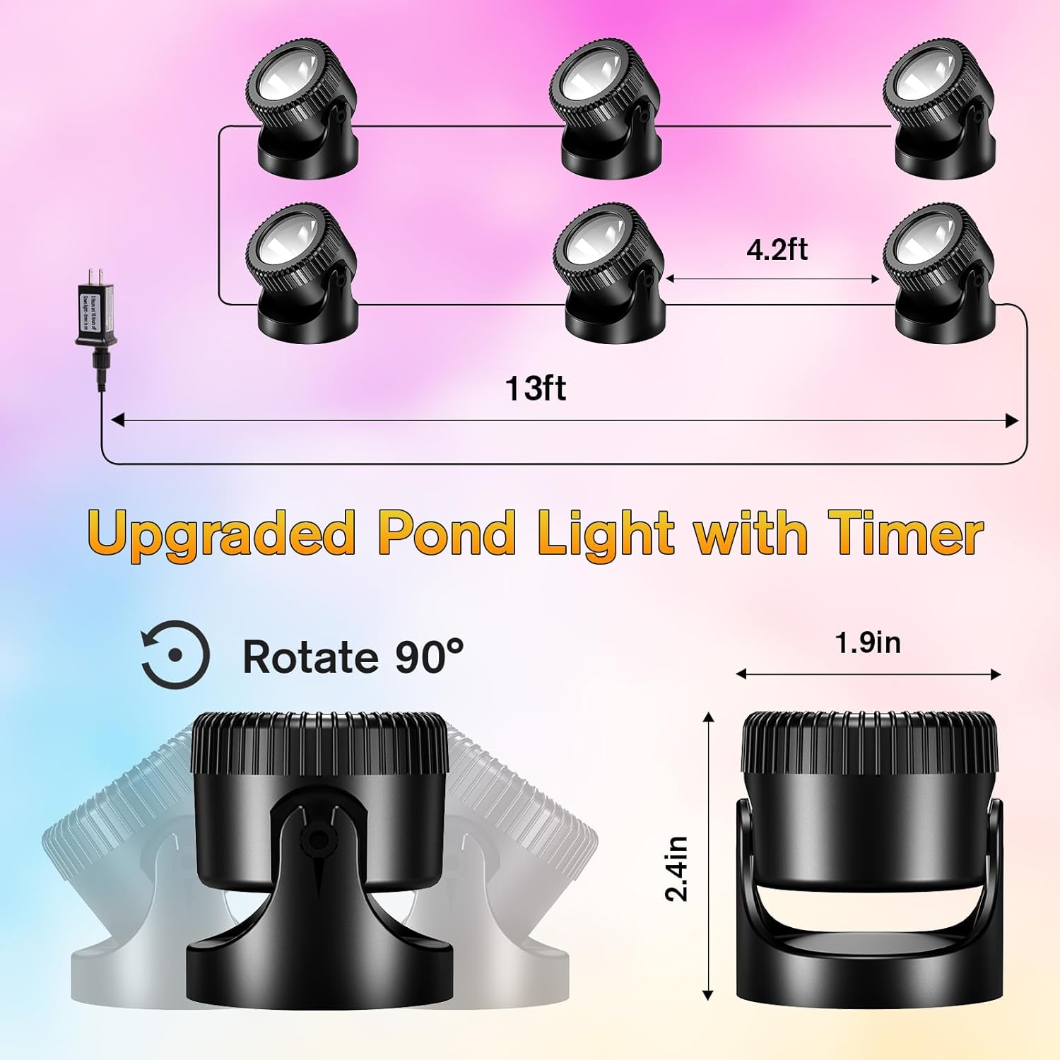 Diagram showing the connection of 6 pond lights with cable lengths