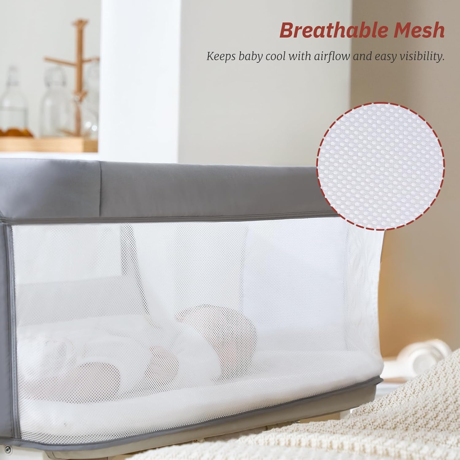 Electric Bassinet for Baby, 3 Speeds Automatic Rocking Bassinets with All mesh, 5 Height Adjustment Bedside Crib for Nweborn, 8 Music, Wheels, Light Grey