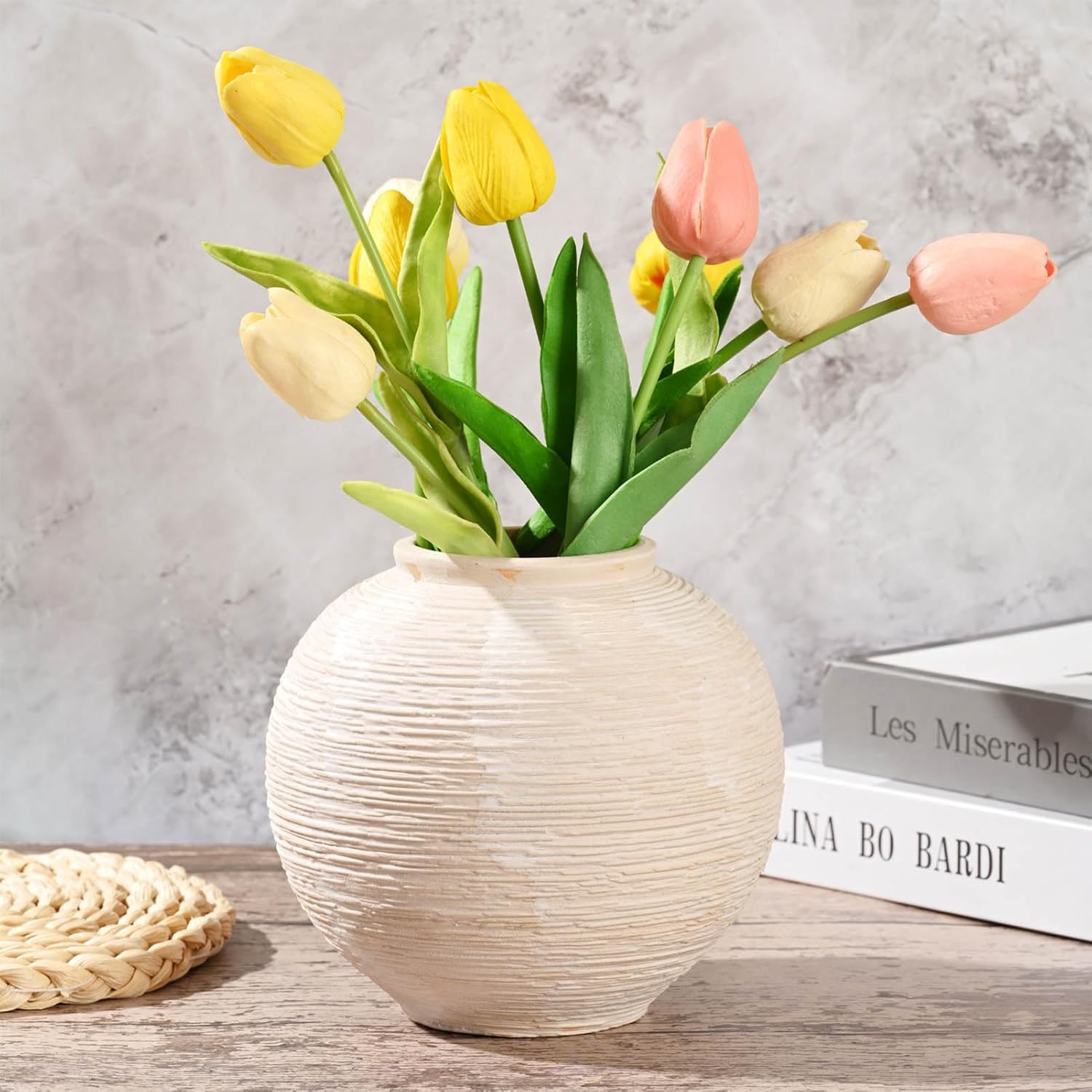Rustic Farmhouse Vase Home Decor - 6 in Ceramic Boho Decorative Vase for Decor, Round Clay Whitewashed Terracotta Bowl vase for Living Room, Table, Shelf, Centerpieces - Image 2