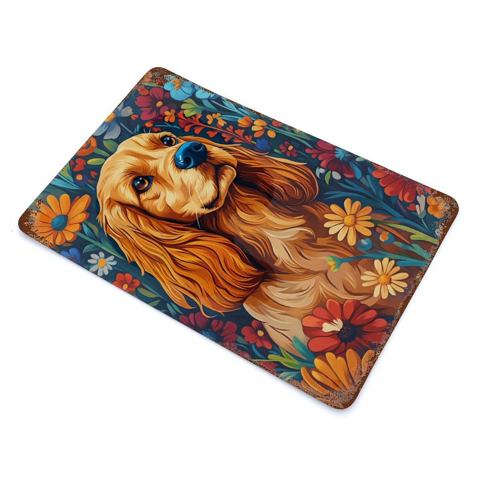 Cocker Spaniel in A Garden of Blooms Dog Wall Art Print Rusty Metal Tin Sign 11.8"x7.9", for Pub, Kitchen And Man Cave Decor, Farmhouse Wall Decor