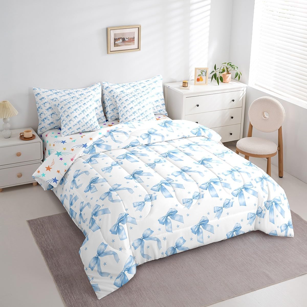 Erosebridal Blue Bowknot Comforter Set Kawaii Princess Style Girls Bedding Queen, 7Pcs Cute Bow Dreamy Stars Bedding Sets for Girls Kids Women Lovely Bow Tie Down Comforter, 7 Pieces Bed Set