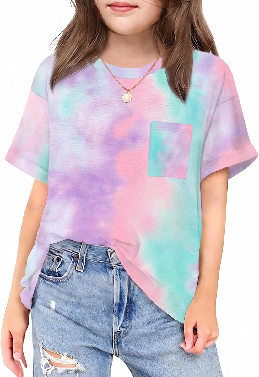 Arshiner Girls Oversized T Shirts with Pocket Short Sleeve Basic Girl Tops | Soft Fabric Classic Crewneck Summer Casual Loose Clothes For Girls 5-14 Years Perfect For Outdoor Home School Holiday etc