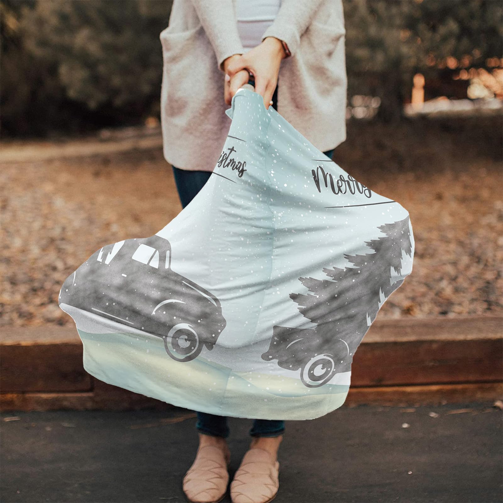 Nursing Cover for Breastfeeding Scarf, Merry Christmas Grey Xmas Tree Truck Teal Baby Car Covers Super Soft Multi Use for Canopy Shopping Cart Cover Blanket Stroller Cover