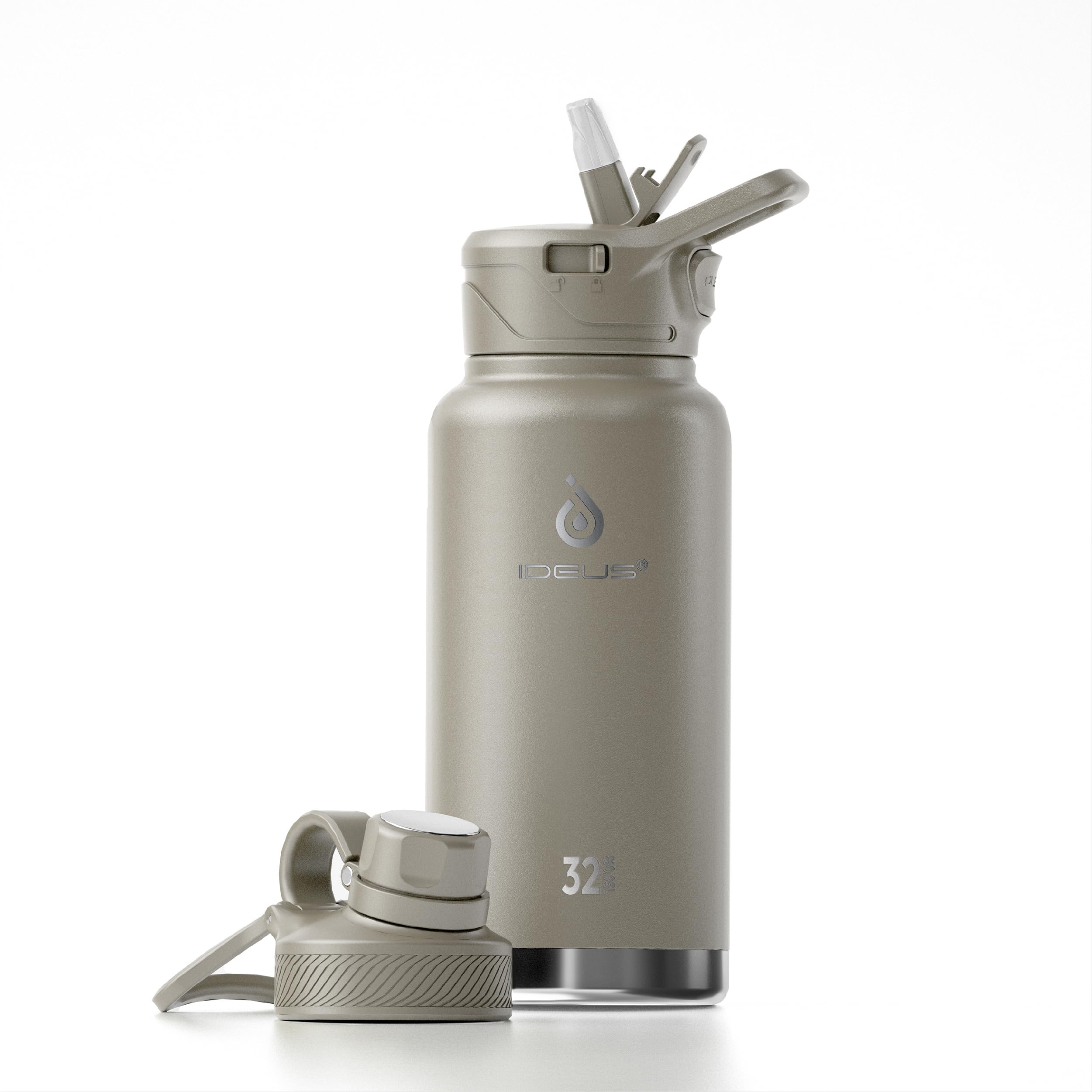 IDEUS Vacuum Insulated Water Bottle, 32 oz Stainless Steel Water Bottles with Straw, Chug and Spout Lid, Reusable Metal Water Bottle Leak Proof Gym Water Bottle, BPA-Free(Celadon)