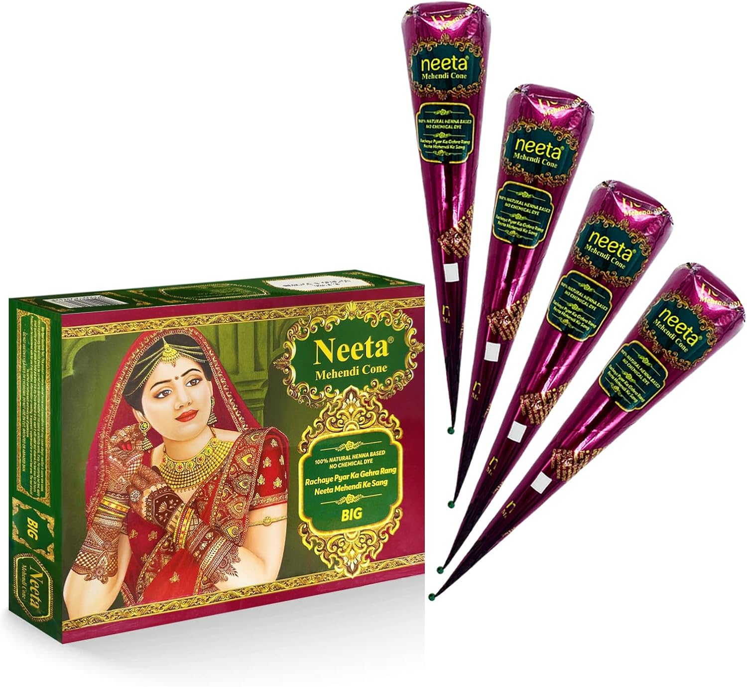 4 Pack 100% Natural Mehendi Cone Henna Paste Temporary Tattoo Paste| Each cone 30 grams | Indian Body Art Painting Drawing Tattoos Freckles (Reddish Brown Color)