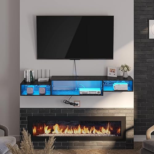 Miniatura 8 de 4 EVER WINNER Soporte flotante para TV con toma de corriente, estante flotante de TV de 59 pulgadas con luces LED y almacenamiento, centro de Negro
