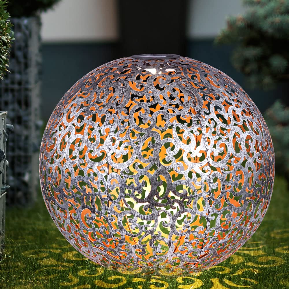 Solarleuchte Windlicht Solar Garten Kugel orientalsichLED Steckleuchte IP44, Erdspitz, Metall Muster antik silbergrau, 1x LED 3000K, DxH 40x50 cm
