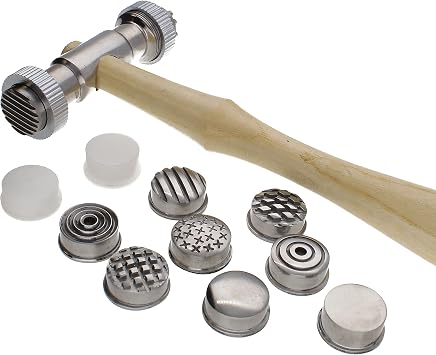 Beadsmith Interchangeable Texture Hammer - Metal Elements - 10.5 65mm Steel Head with Wood Handle, 12 19mm Faces - Texturing Tool Used to Add Pattern and Dimensions to Metalwork