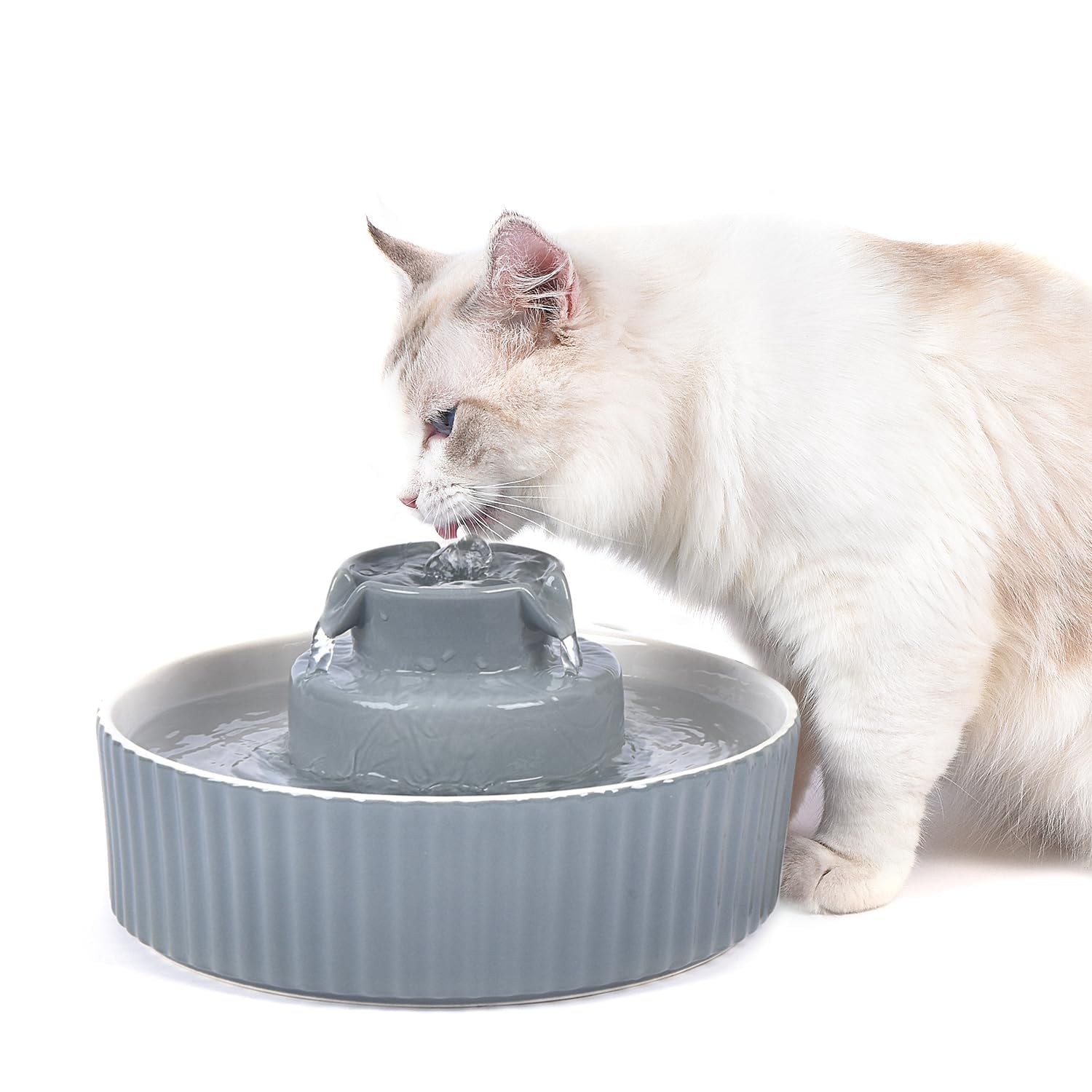VinDox Fuente de cerámica para gatos de 2,1 L, para gatos y perros, fuente de porcelana, dispensador de agua para gatos, con filtro de repuesto y bomba inteligente de espuma, color gris