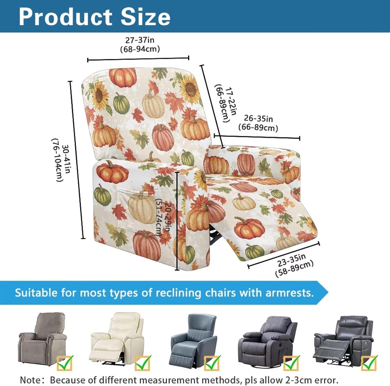 FOR U DESIGNS Maple Leaf Pumpkin Chair Covers for Recliners 4-Piece Stretch Fabric with Storage Pockets Washable Furniture Protector Easy Install Recliner Cover for Living Room