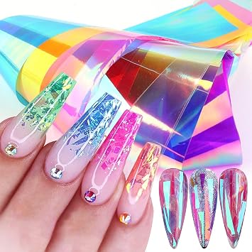 Gradient Aurora Glass Paper Nail Art Sticker, Film Broken Glass Foil Transfers Decals Cellophane Mirror Colorful Design for Women DIY Decoration 8 Sheets