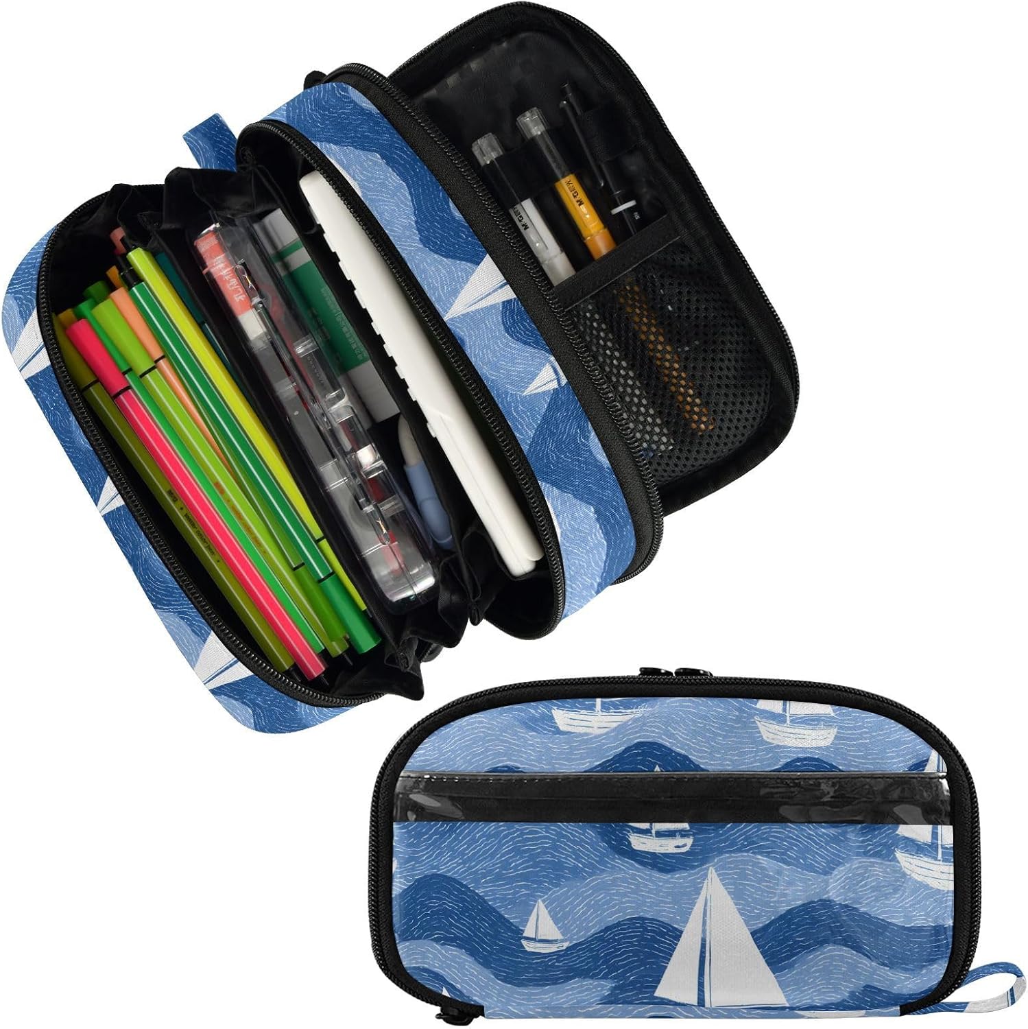 ALAZA White Boat Sea Pattern Large Capacity Pencil Case, Aesthetic Stationery Organizer Bag with Clear PVC Window, High Capacity Pen Pouch with Dividers for School Office Travel image 2