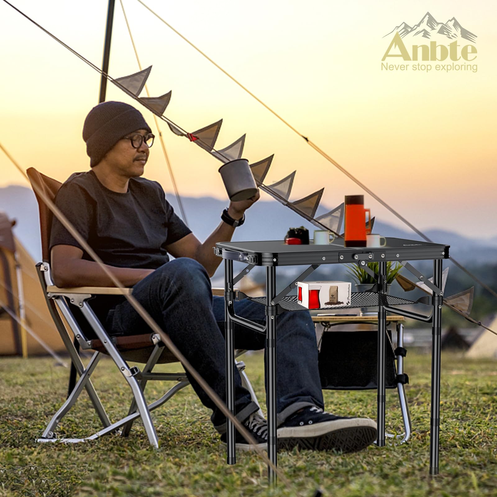 Anbte Mesa Plegable Camping 59x40x26/48/70cm Ajustable Altura Mesas de Acampada Portátil Mesa Playa Aluminio Impermeable Negro para Terraza Playa Exterior BBQ