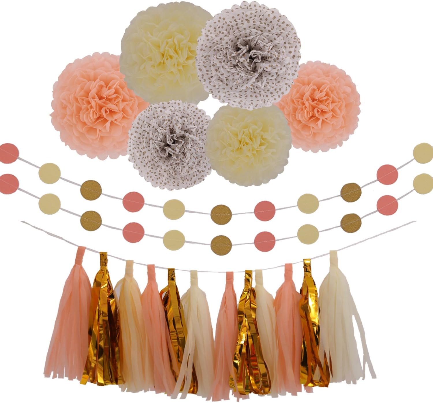 Peach Cream Glitter Gold Tissue Paper Pom Poms Flower Tissue Tassel Garland Circle Tissue Paper Garland Kit-20Pcs (Great for Birthday Party Wedding Nursery Decorations)