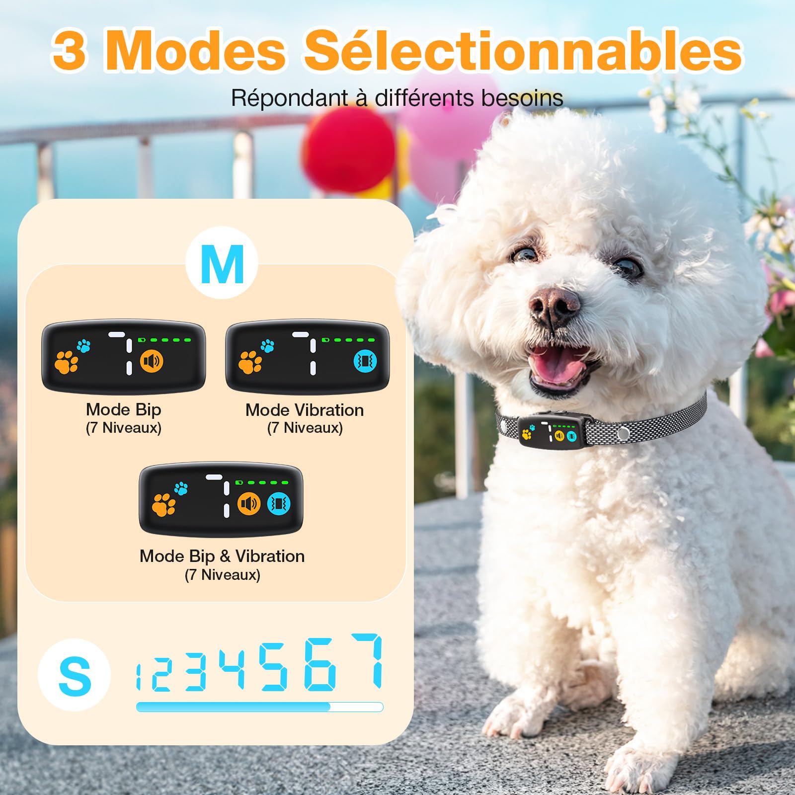 Collar Antiladridos Perros Pequeños Recargable, Súper Fino y Ligero, 3 Modos y 7 Niveles de Sensibilidad, Detección Inteligente de Ladridos, Impermeable IP67 para Perros Pequeños