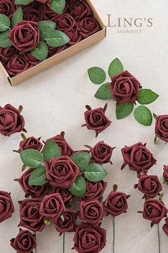 Miniatura 5 de Ling's Moment Flores artificiales, capullos de rosas burdeos y rosas pequeñas con tallo para ramos de boda, centros de mesa, arreglos de fiesta,