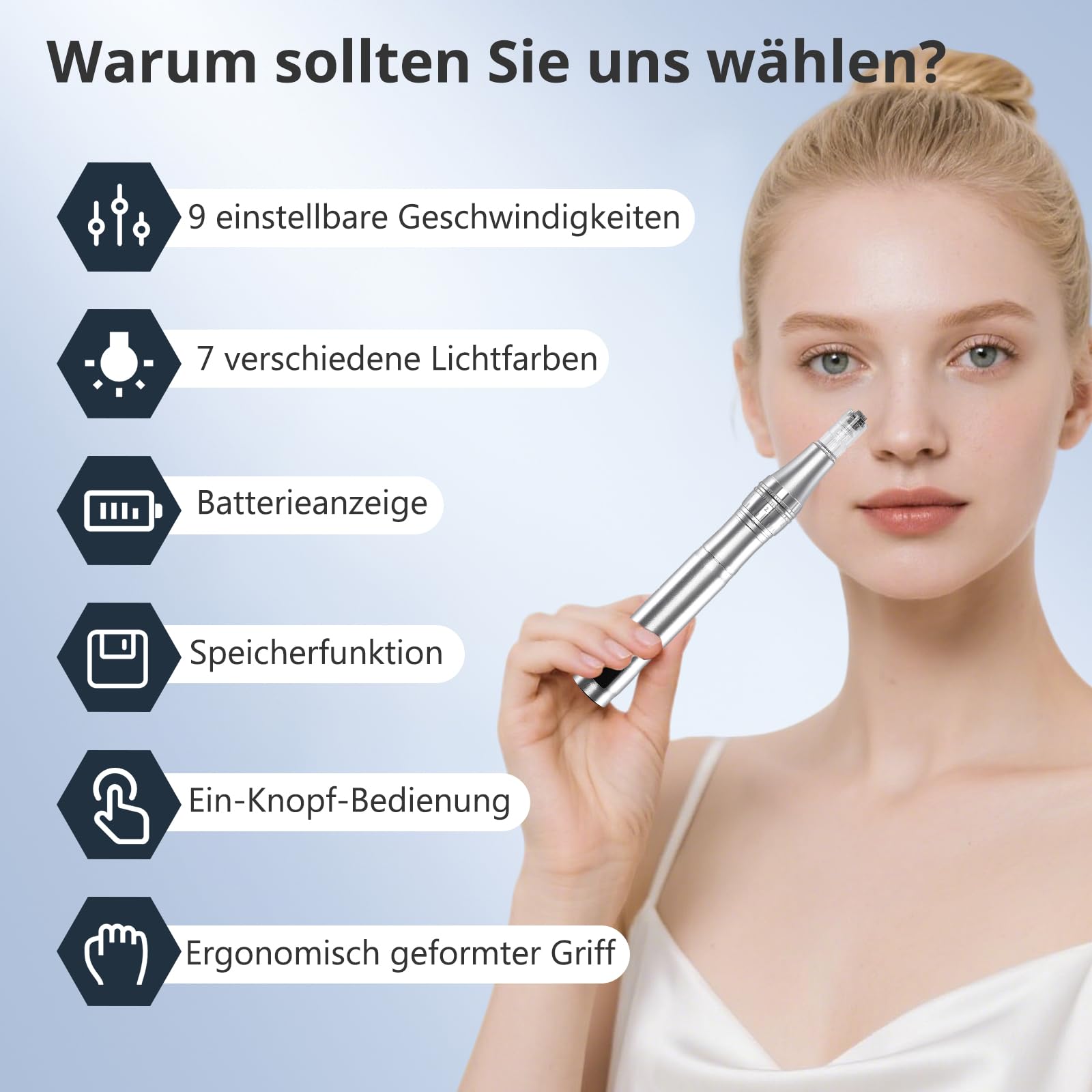 Elektrische Microneedling Pen mit 12 Nadelköpfe Tragbare,Micro Needle Roller Electric mit mit 7 Farben,9 Stufen,Wiederaufladbar Kabellos Mikronadel Stift