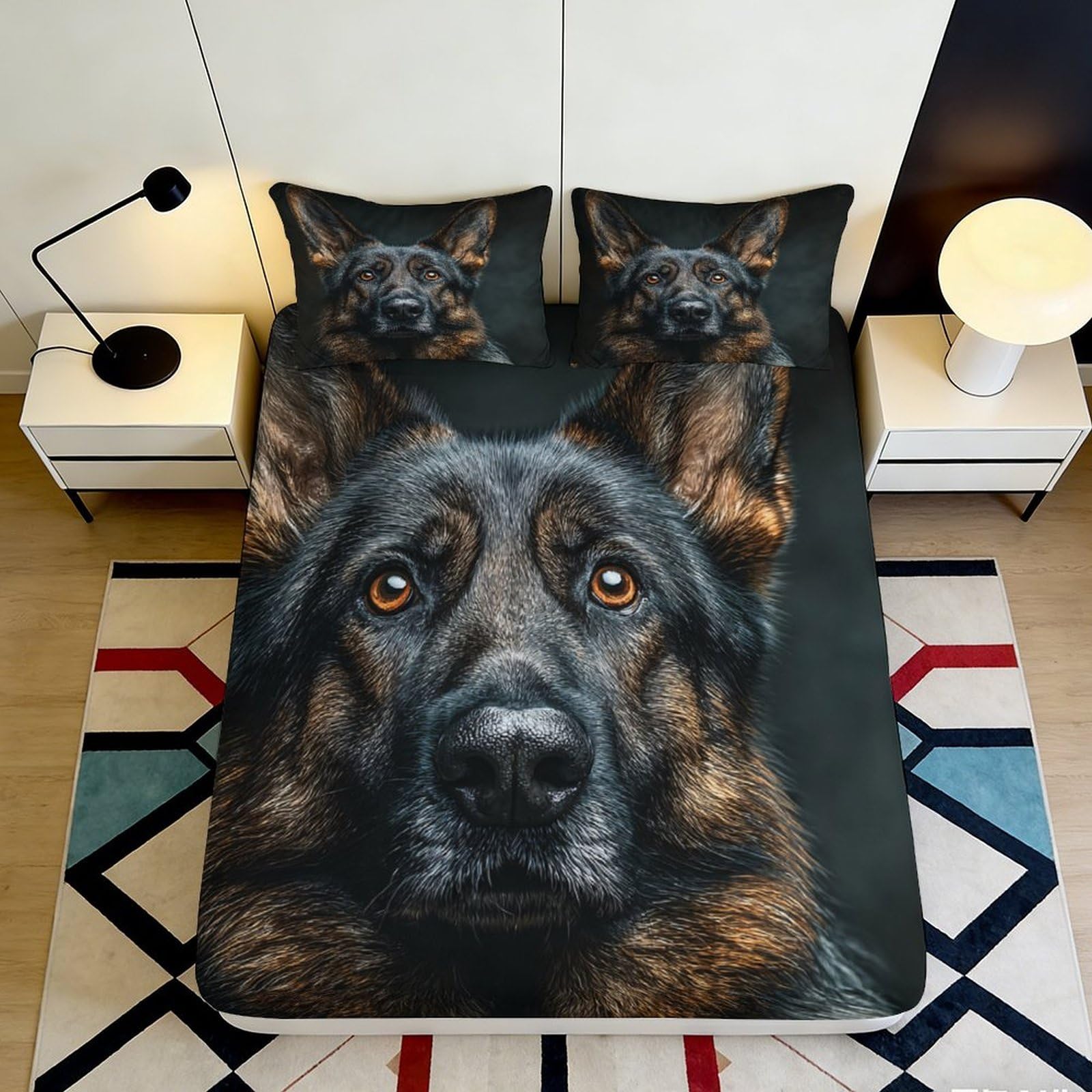 3D Printed German Shepherd Fitted Sheet Microfiber Deep Pocket Bedroom Bedding German Shepherd Mattress Fitted Cover for Adults Teens 160x200x25cm