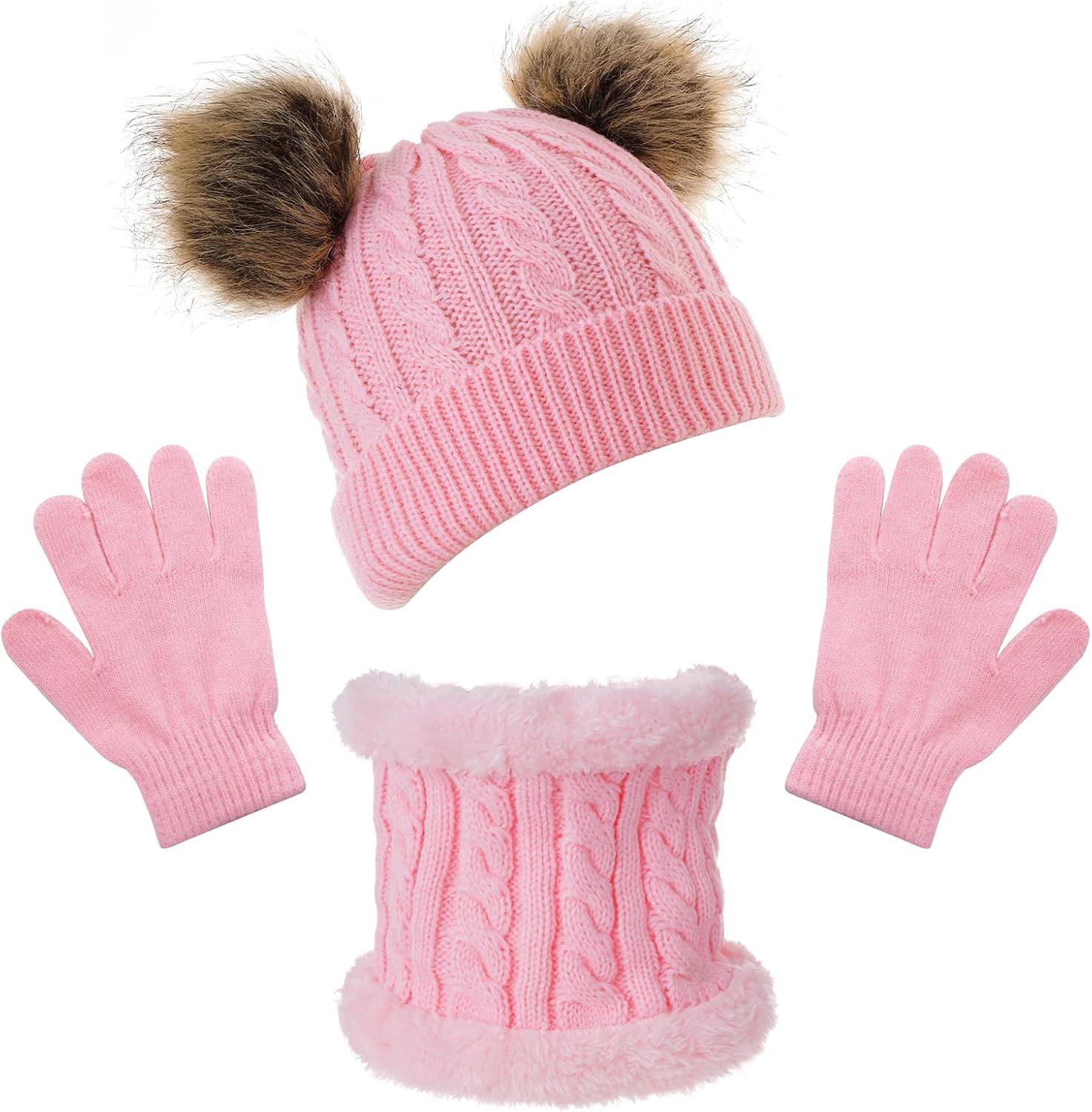 Yolyoo 3 Pack Fashion Winter Beanie Hat Scarf Gloves Set for Kids,Knit Pompom Toddler Hats Neck Warmer Gloves for Girls Boys