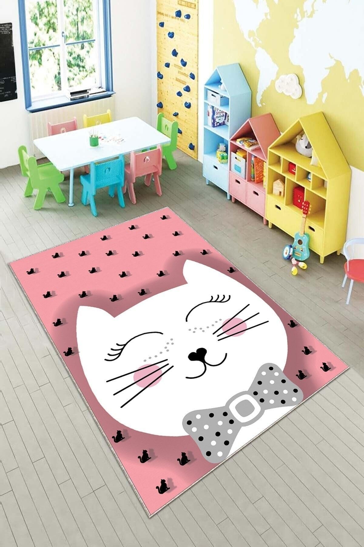 Pelangi Pembe Kedi Desenli Yıkanabilir Kaymaz Taban Leke Tutmazbebek Ve Çocuk Odası Halısı, Açık Pembe-Beyaz 160 x 300