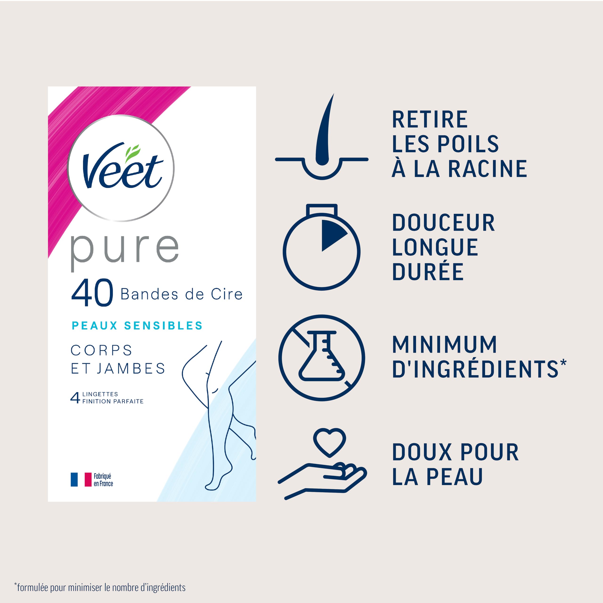 Veet PURE - 240 Bandes de Cire Froide Corps et Jambes - Peaux Sensibles - Recommandés par les Dermatologues - Epilation Longue Durée - Lot de 6x40 bandes