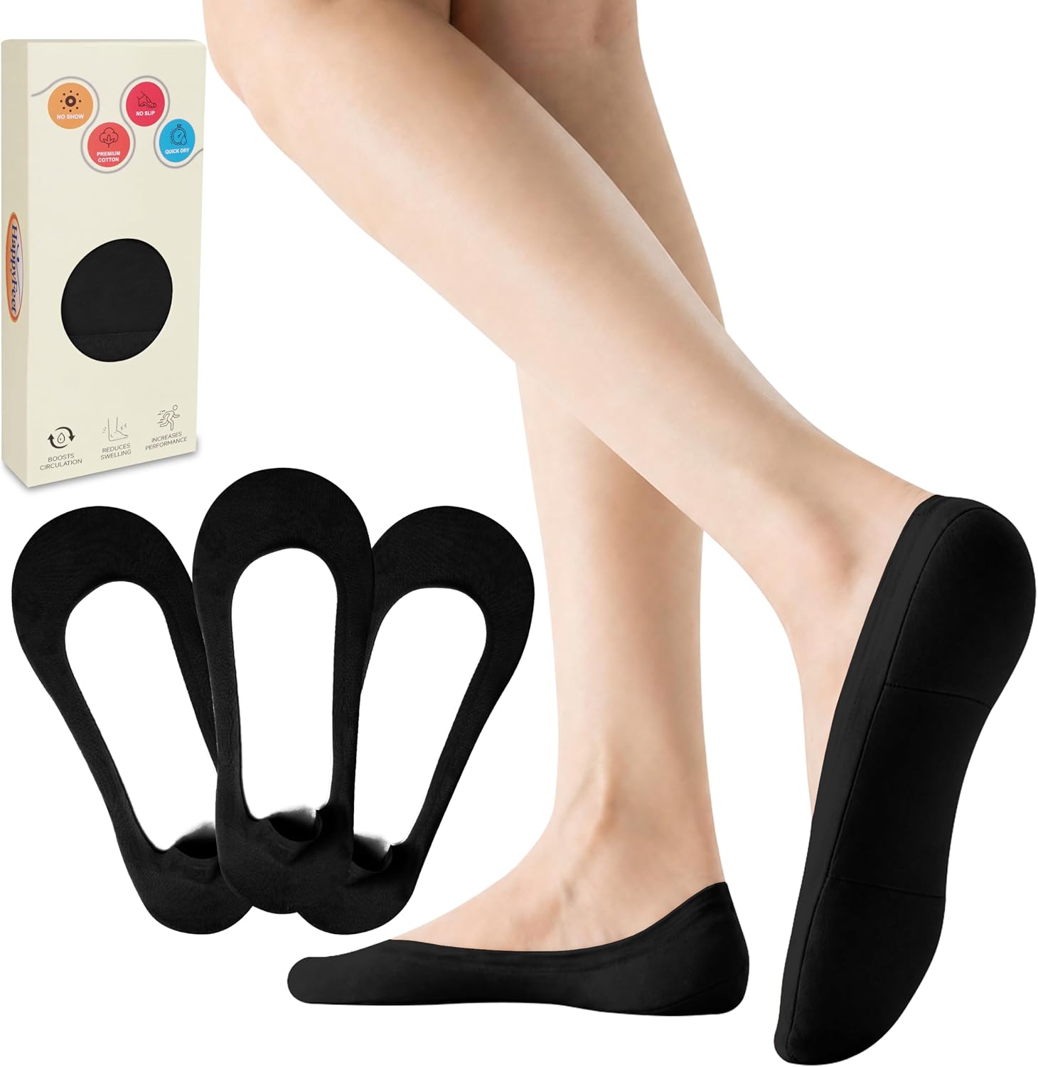 HAPPY FEET Low Cut Cotton No Show Socks – Non Slip Invisible Liner Socks for Men & Women, Comfortable Breathable Socks