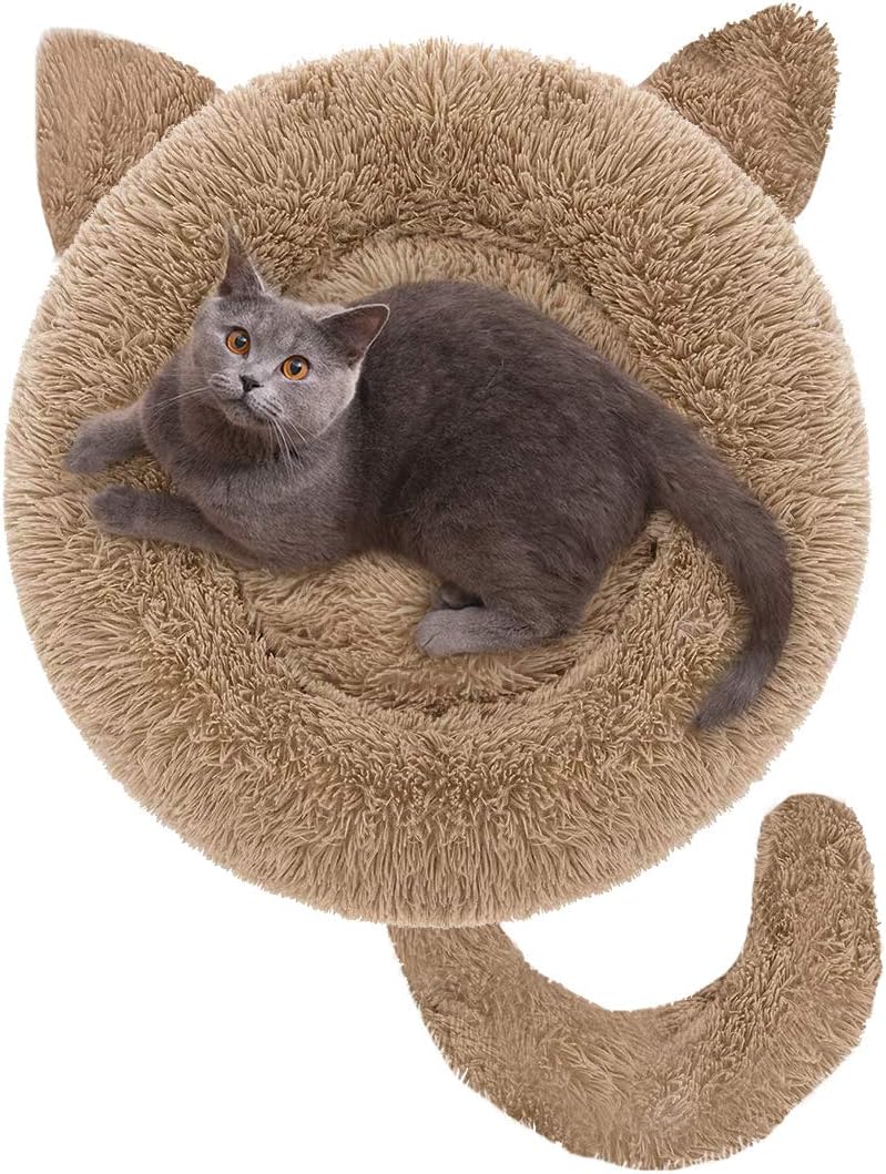 Dog Bed Comfortable Cute Cat Shape Bed for Cats or Dogs, Ultra Soft Pet Beds with Removable Pillow (20''/25''/30'') (Brown)