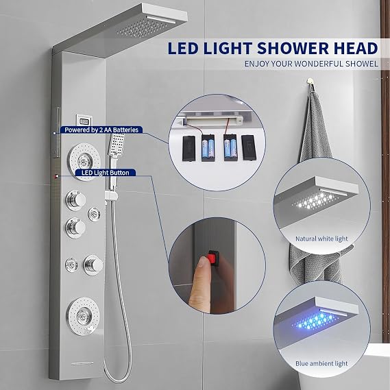 BWE 6 in 1 Shower Panel Tower System with Led Lights and Temperature Display Stainless Steel shower system with Rainfall, Waterfall, 2-Type Massage Jets, Handheld and Tub Spout, Brushed Nickel