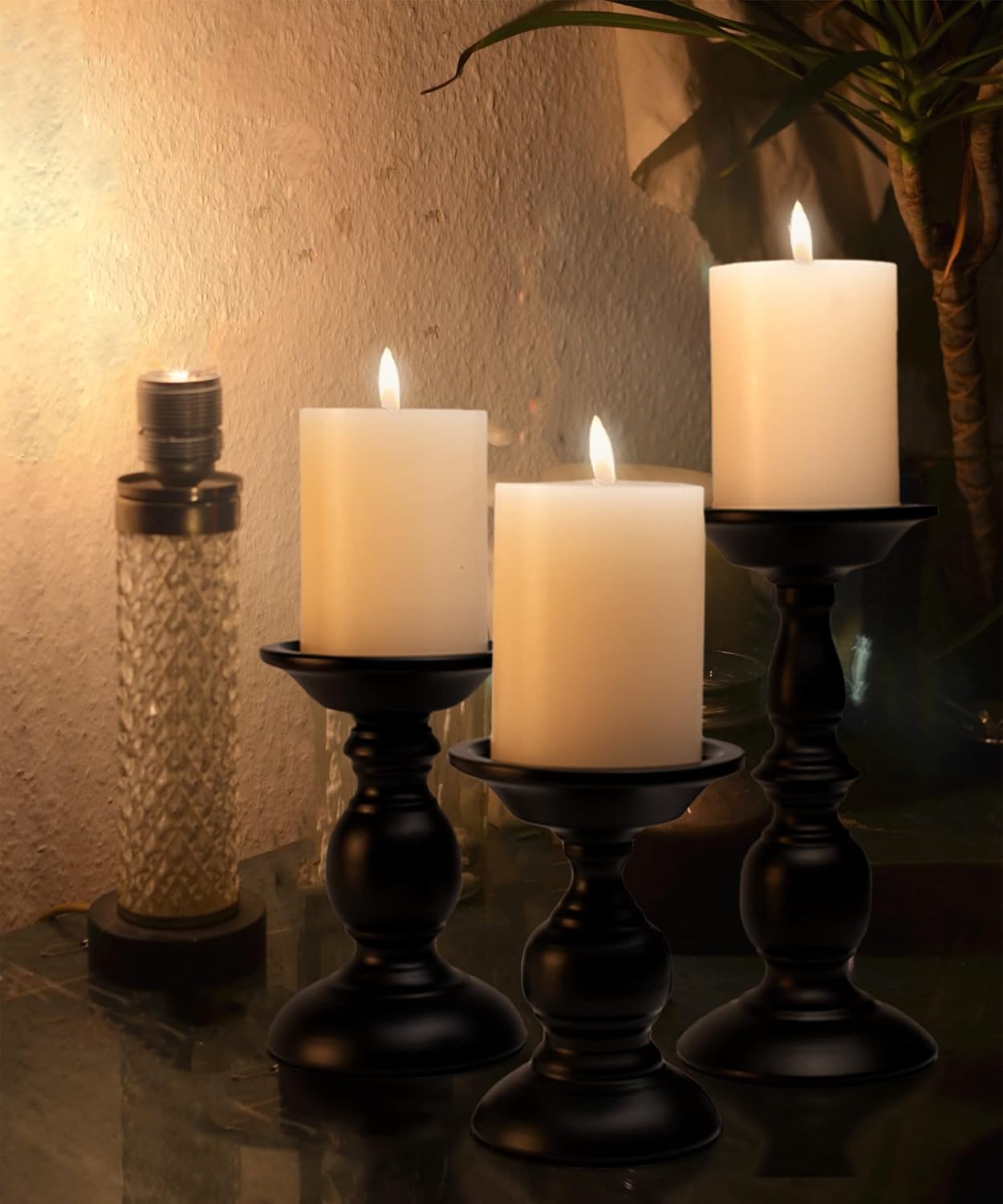 Black Iron Pillar Candle Holders Set of 3, 5.3/6.8/9.1 Inches