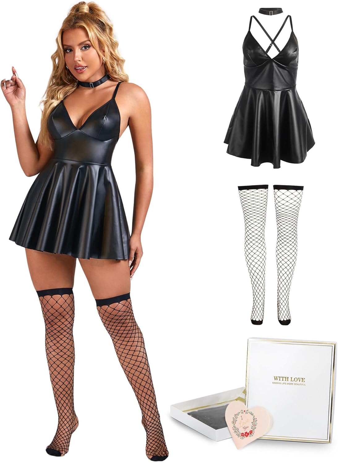 ohmydear Leren jurk voor dames, sexy lingerie voor seks, A-lijn, partyjurk, jurk, kunstleer, mini-jurk, PU-leer, sexy outfit voor vrouwen, grote maten, clubwear, curvy rok, zwart, 3XL