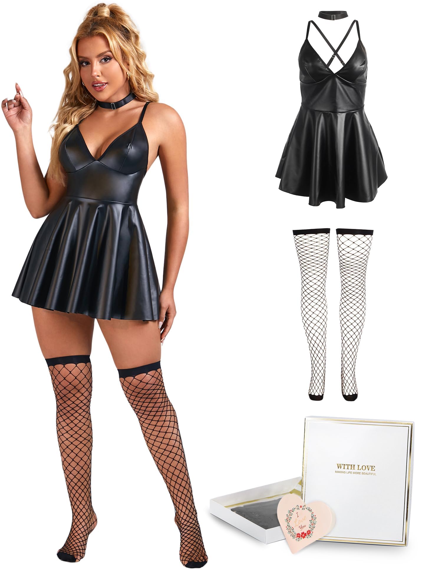 ohmydear Robe Femme Simili Cuir Mini Robe Skater Lingerie Serré Soir Décolleté en V Stretch Moulant PU Leather Club Libertin Grande Taille