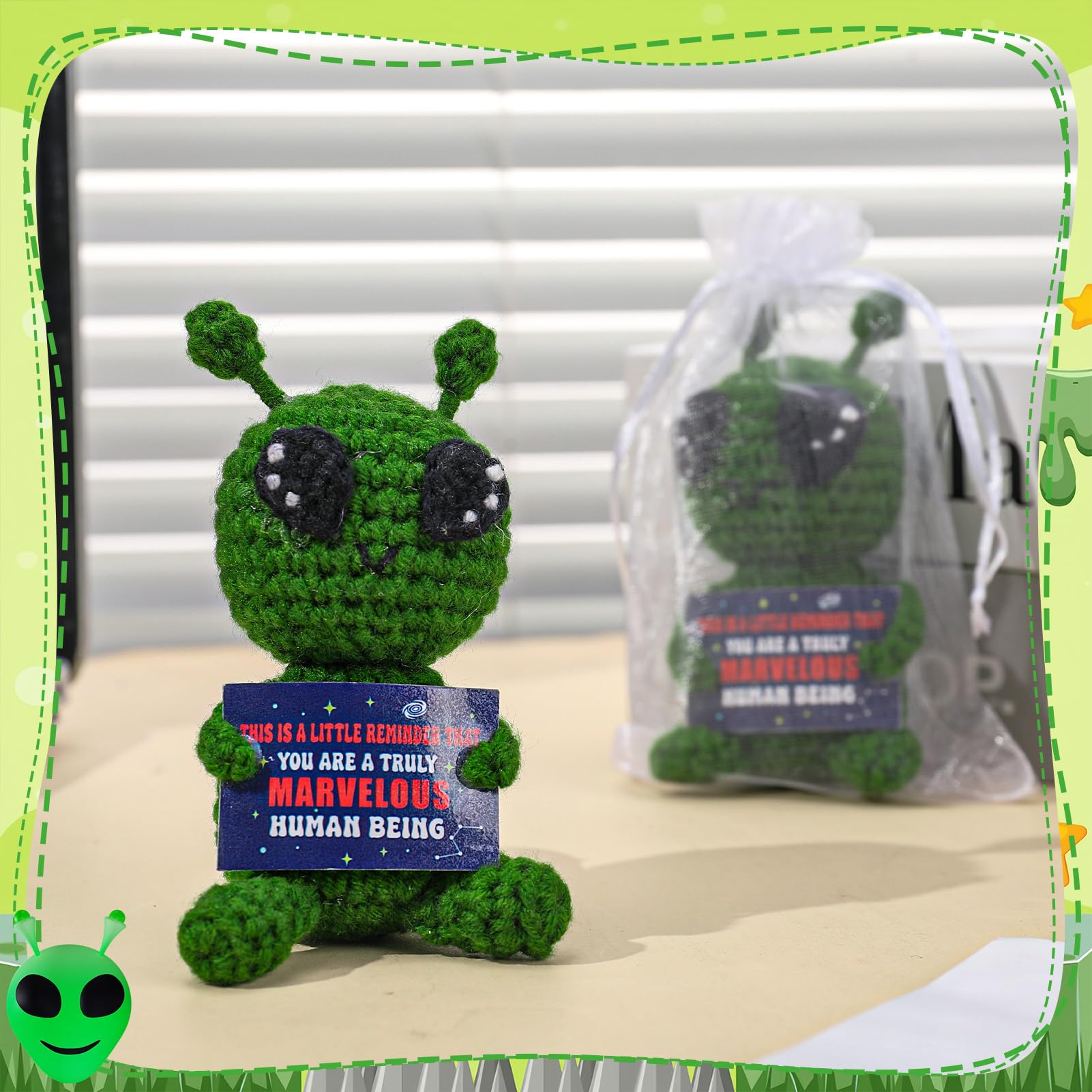 Fun Crochet Alien Handmade with Encouraging Card Cool Praise Gifts for Family Friends Teachers and Science Fiction Fans