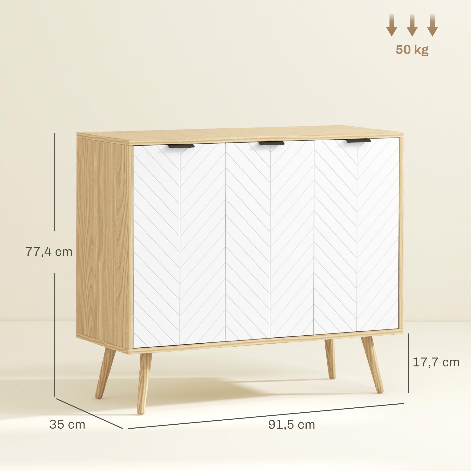HOMCOM Buffet Salon, Meuble de Rangement avec 3 Portes et étagère réglable, Pieds en Bois de pin, Buffet Salle à Manger Cuisine et Chambre, 91,5 x 35 x 77,4 cm, Blanc et Bois Naturel