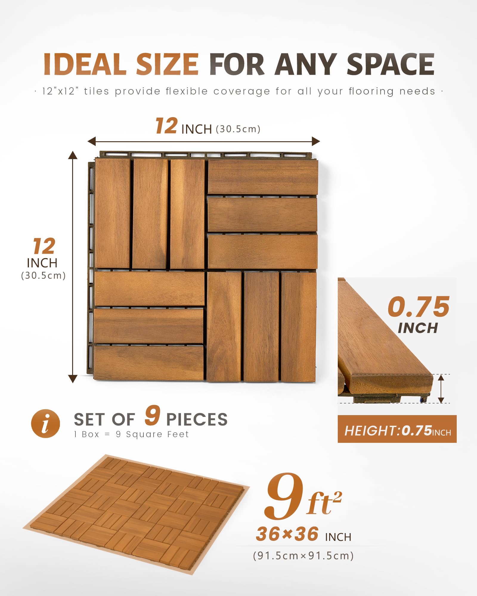 Upolana 9 azulejos entrelazados de 12 x 12 pulgadas, 12 listones para exteriores, azulejos de madera de acacia, impermeables, para patio, balcón, patio, uso interior y exterior