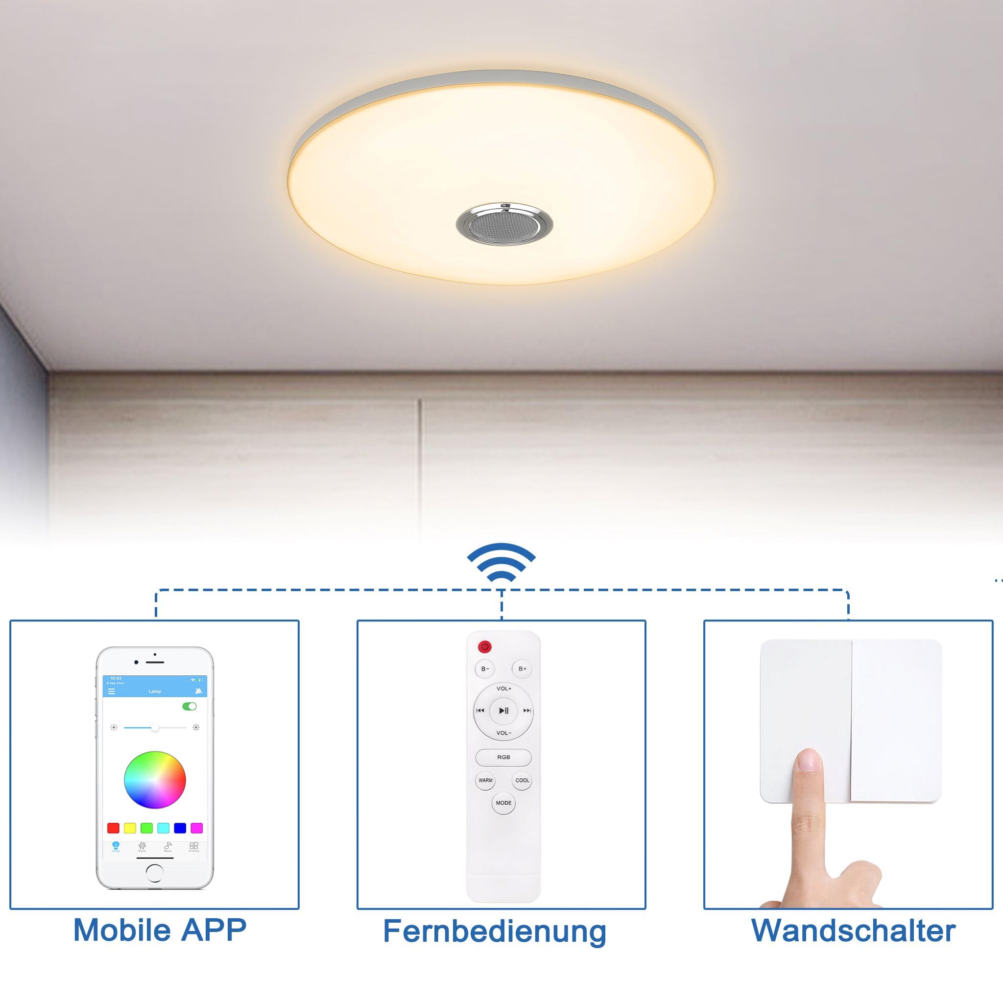YRHome Lampada da soffitto a LED RGB ultra sottile, dimmerabile, con altoparlante Bluetooth, telecomando, lampada da soffitto, rotonda, con riproduzione musicale, per soggiorno, camera da letto, 60 W