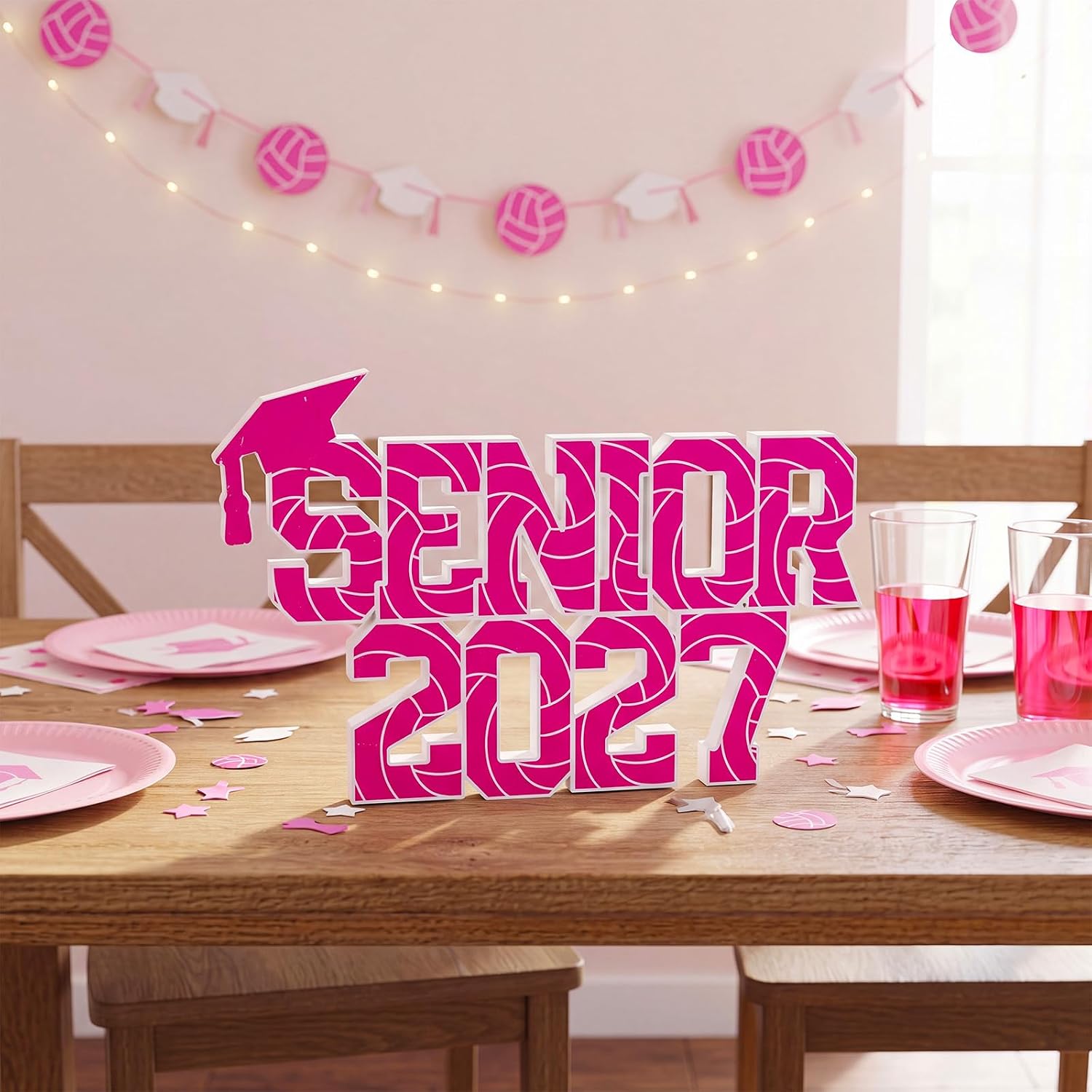 Novabright 2027 Pink Volleyball Senior Night Decorations for Table | 13.4 Inch Wood Graduation Centerpiece Sign, Class of 2027 Photo Prop, Sport Theme Party Decor for Photoshoot