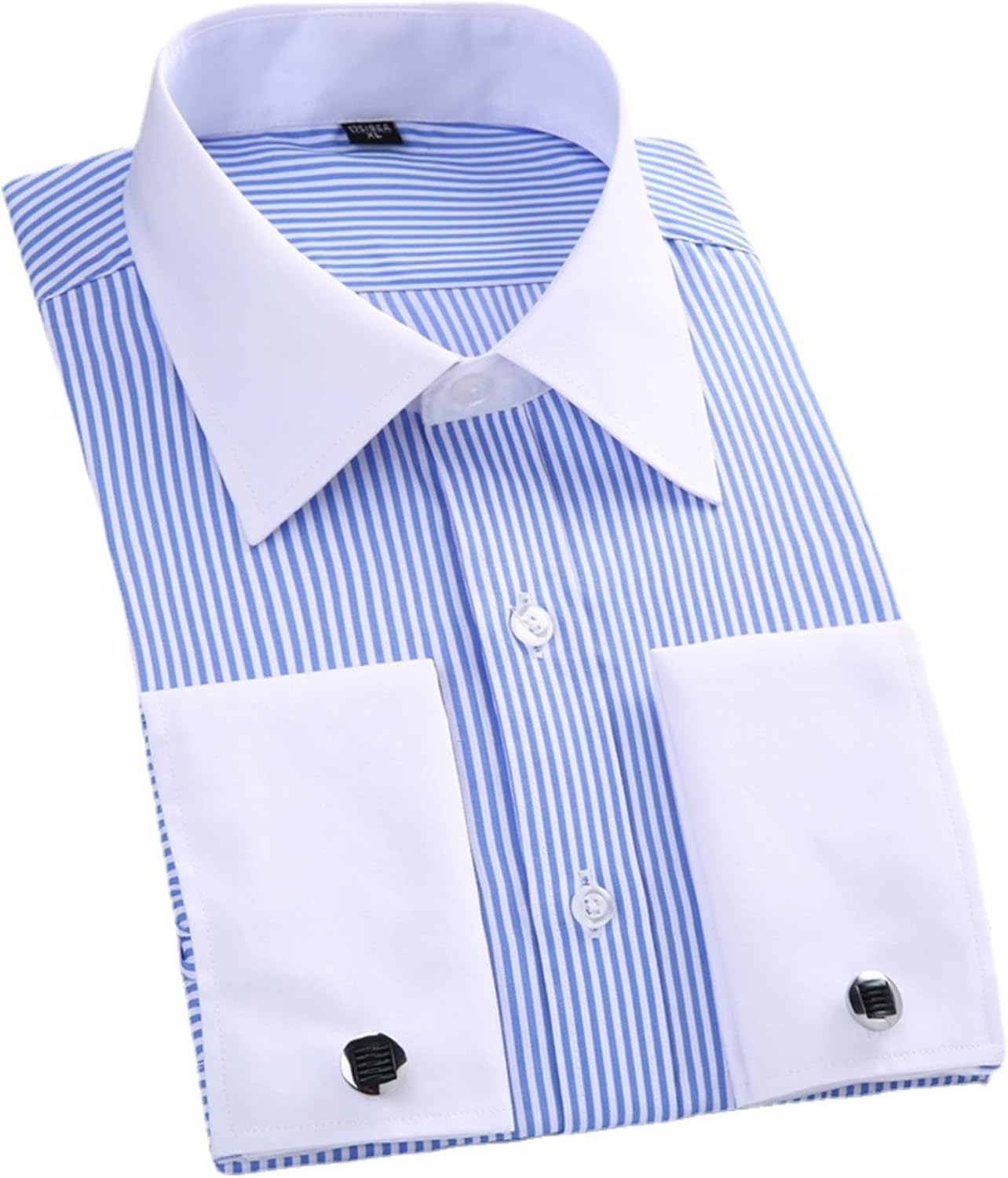 Men’s Long Sleeve Shirt Classic French Cuffs Striped Dress Shirt Single Patch Pocket Standard Fit Business Shirts