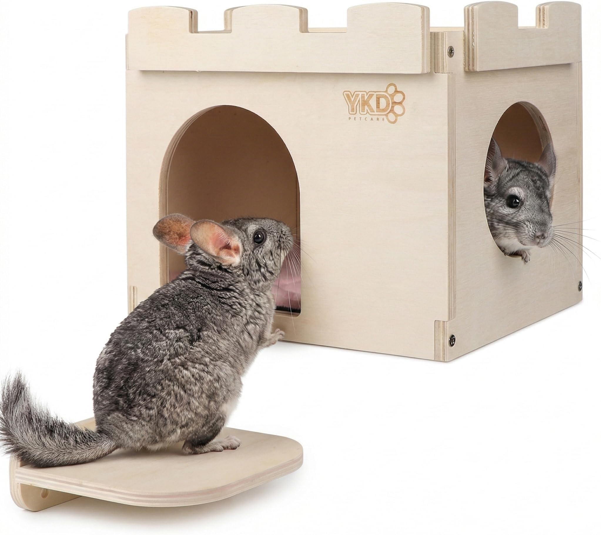 Castle Chinchilla House, Small Animal Hideout for Chinchilla, Guinea Pig, Hedgehog, or Rat, Ventilated Wooden Hamster Habitat with Multiple Doors, Made from Natural Wood