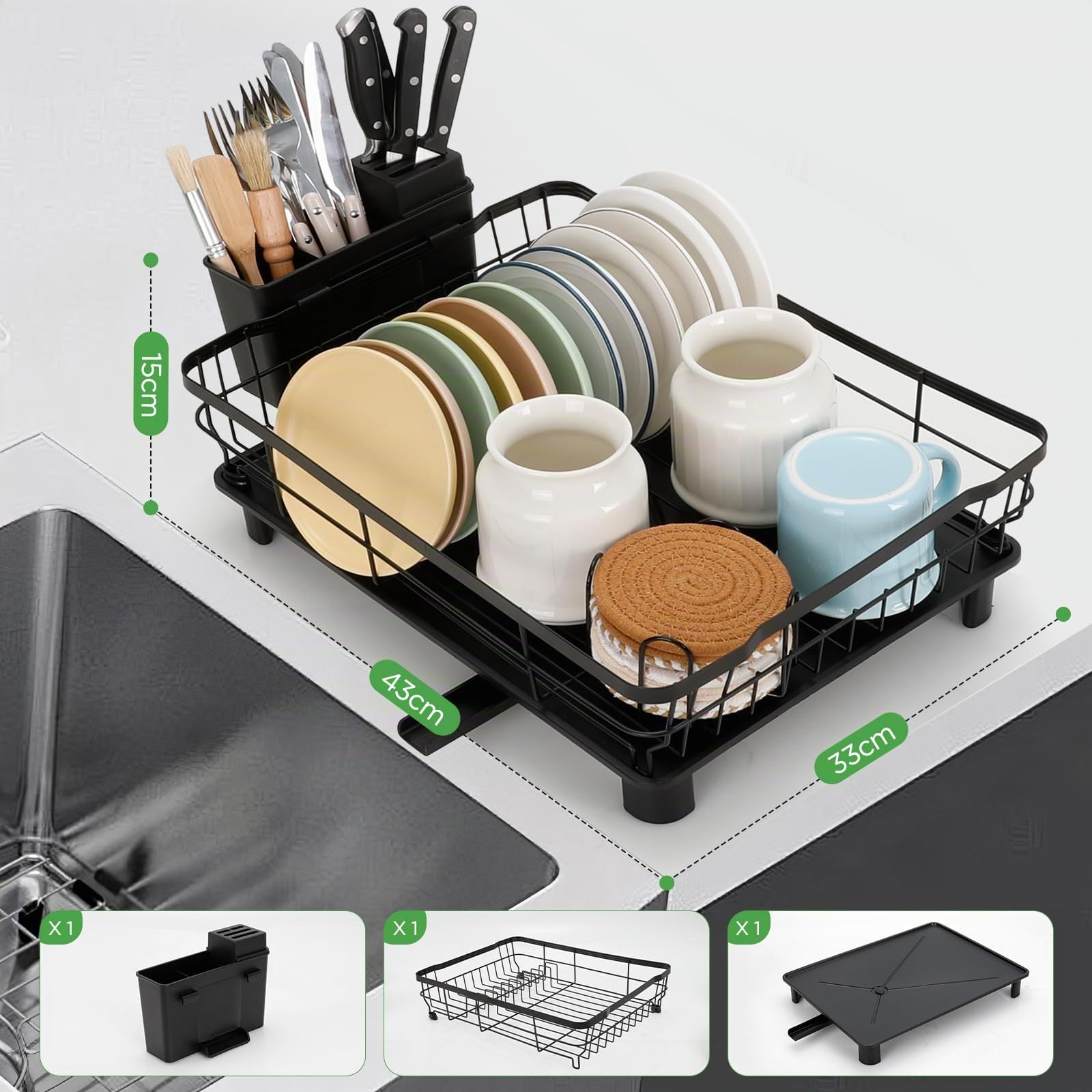 Cozary scolapiatti salvaspazio per il piano di lavoro della cucina con portautensili, scolapiatti da cucina con sgocciolatoio, nero