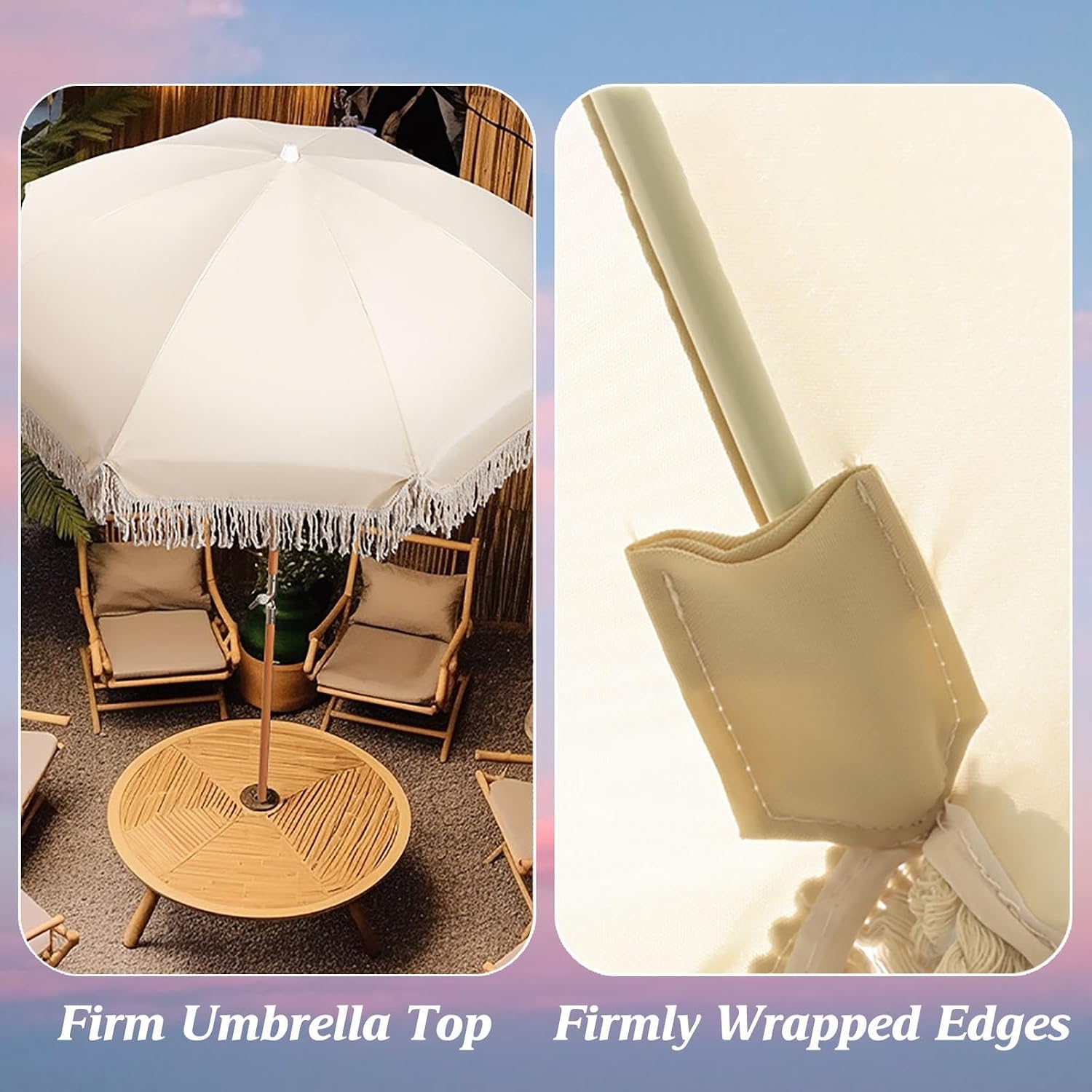 6ft White Large Outdoor Umbrella with Fringe Boho Portable Beach Umbrellas For Sand with Tilt UV Protection Waterproof Heavy Duty Patio Table Umbrellas For Outside Backyard Garden Pool Deck