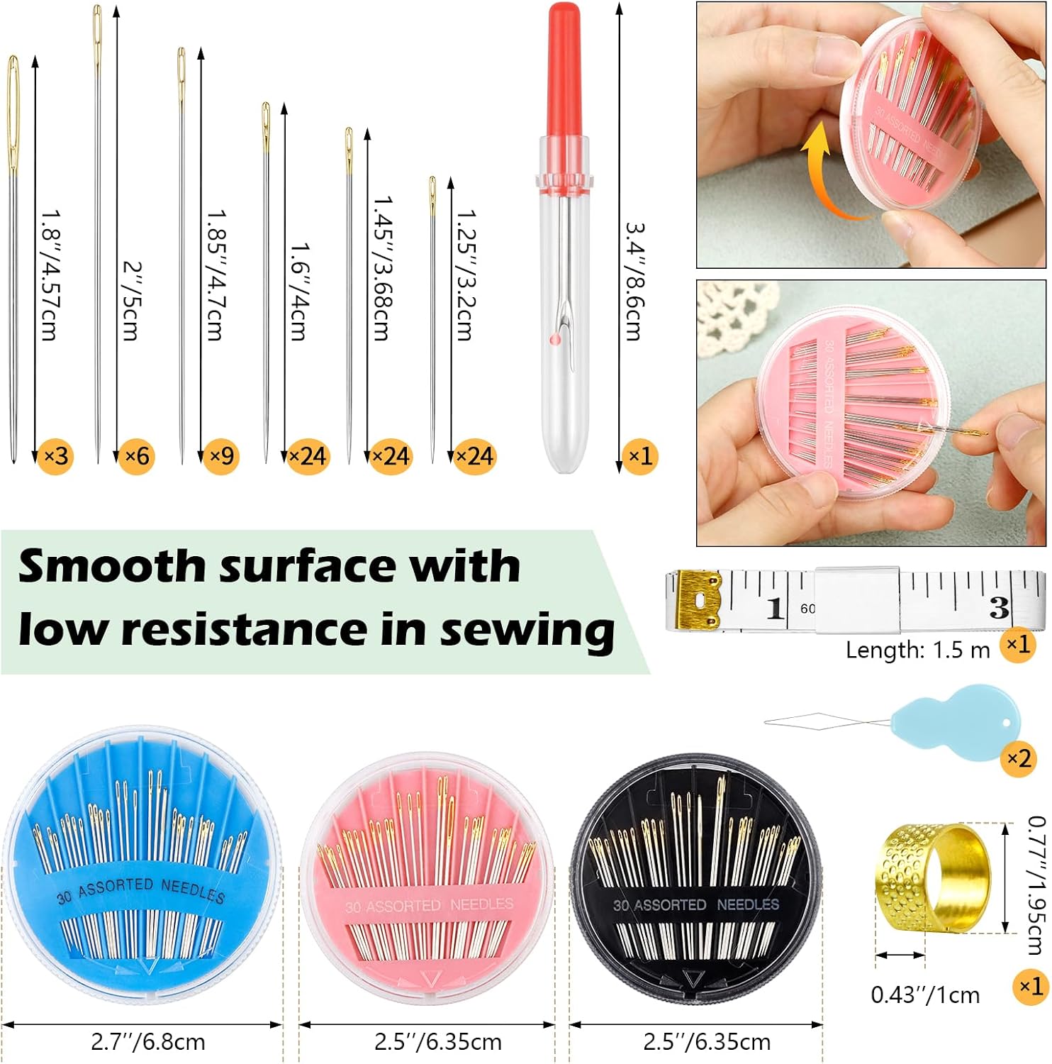 FIVEIZERO Premium Hand Sewing Needles Set,90-Count Assorted Embroidery Needles with threaders,Thread Removal Knife, Thimble,Soft Tape Measure for Hand Sewing Repair image 3