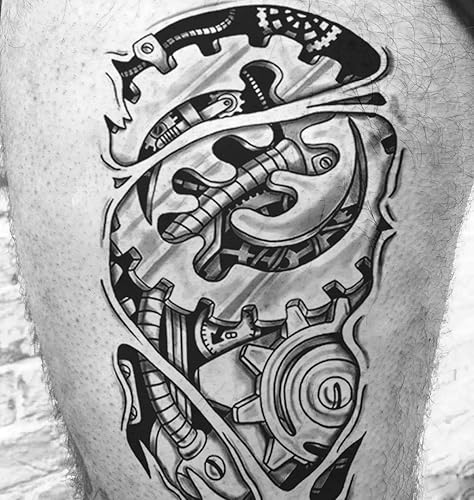 Miniatura 6 de 6 hojas temporales tatuaje pegatinas músculo hombres negro 3D mecánico metal brazo hueco engranaje hombro pierna