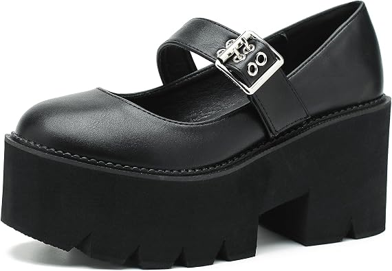 LIURUIJIA Platform Mary Janes for Women, Gothic Lug Sole Chunky High Heels, Round Toe Buckle Strap Uniform Shoes for School Party