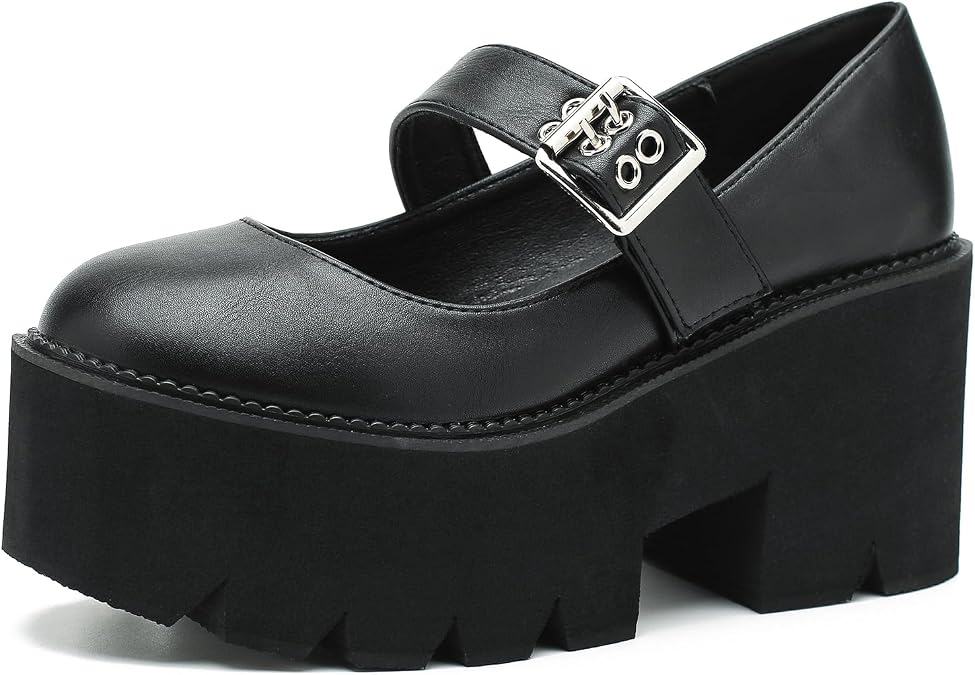 LIURUIJIA Platform Mary Janes for Women, Gothic Lug Sole Chunky High Heels, Round Toe Buckle Strap Uniform Shoes for School Party