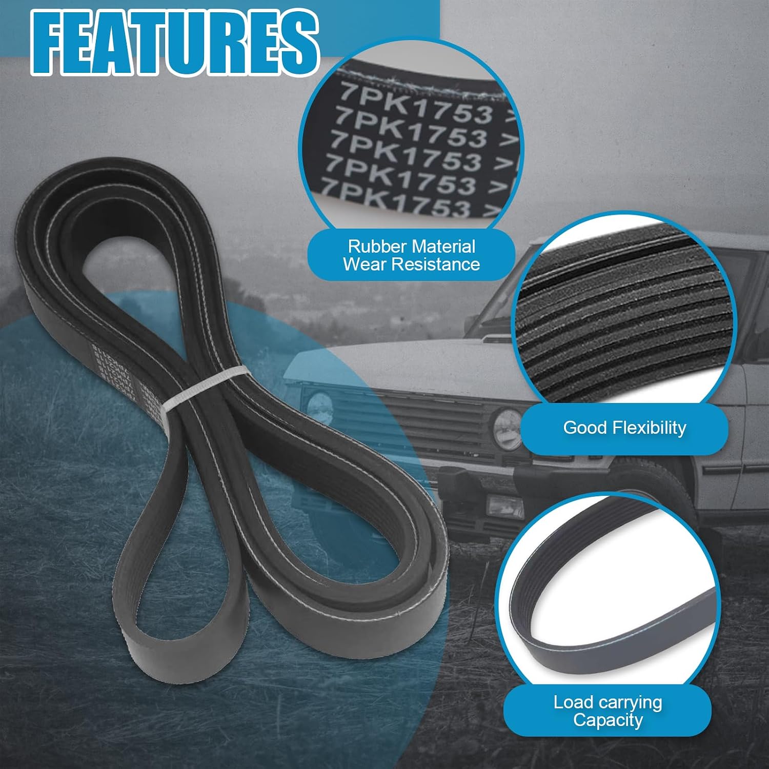 7PK1753 Engine Serpentine Drive Belt 69.01 Inch Compatible with Honda CR-V CRV 2007-2009, Acura TSX 2004-2008 Replace 2.4L Gas Car Belt 38920RBBE03 38920RBBE02