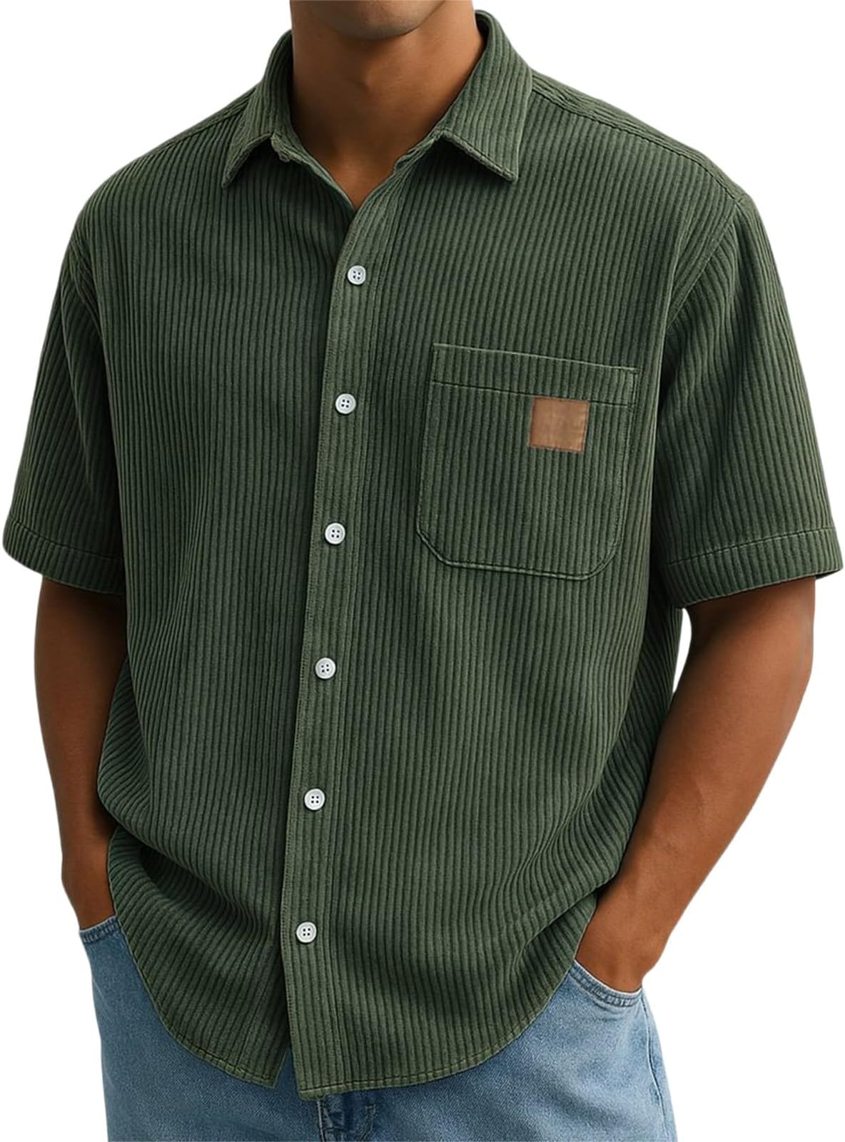 Mens Oversize Textured Shirts with Pocket Short Sleeve Solid Lapel Collar Button Down Shirt Everyday Loungewear Tops Big&Tall