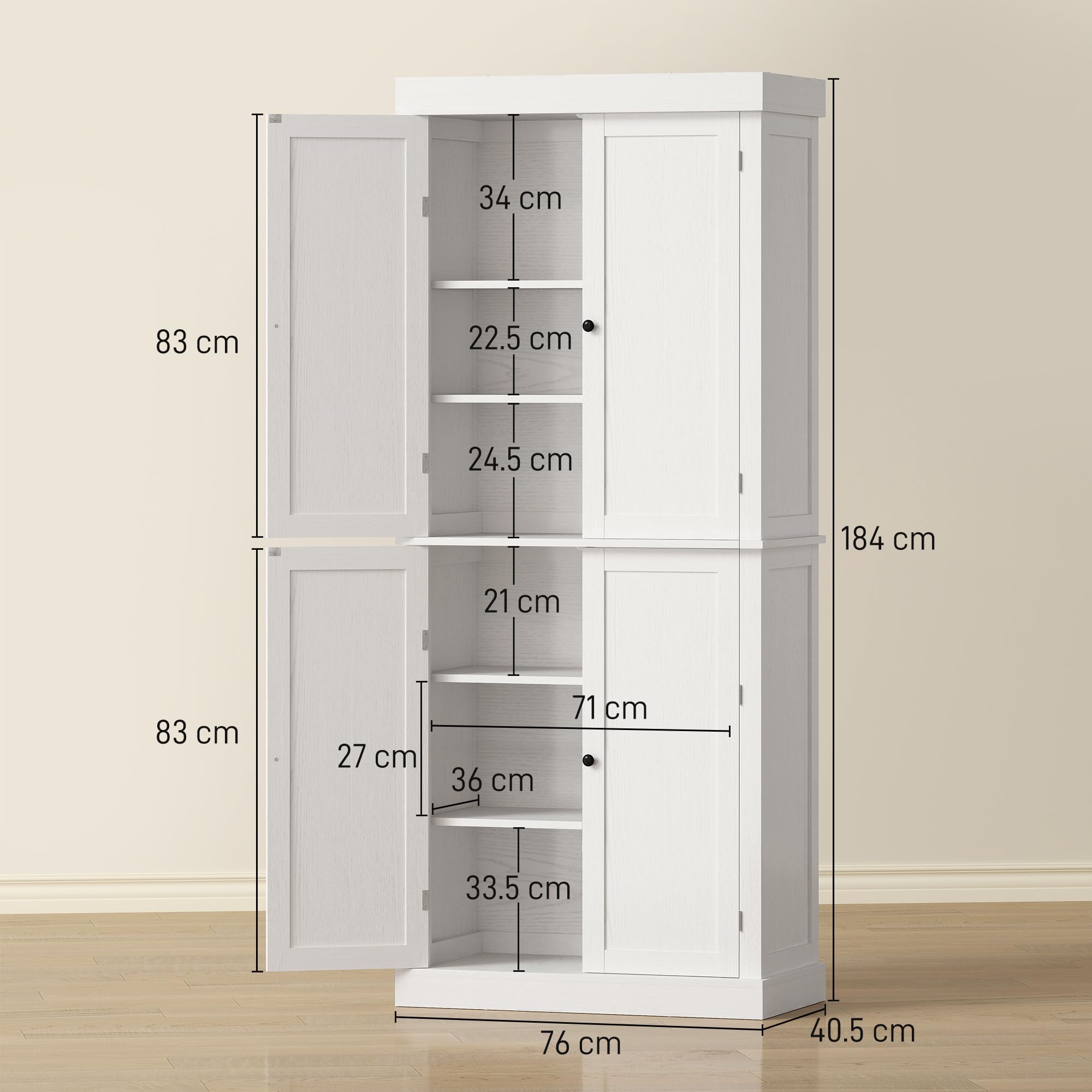 HOMCOM Credenza Cucina Alta 184cm, Mobile Dispensa con 4 Ante Chiusura Magnetica, Ripiani Regolabili, Mobile Cucina a 6 Livelli, per Sala da Pranzo Soggiorno, Bianco