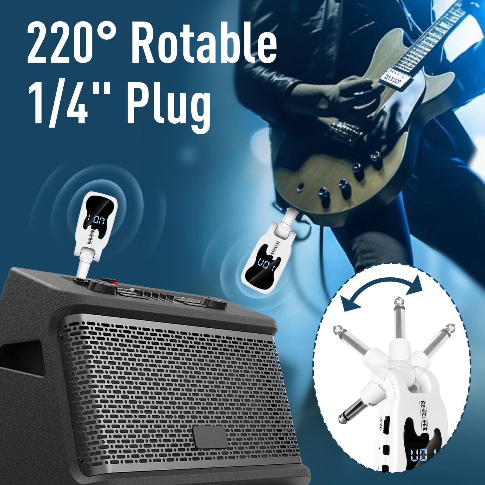 Système de guitare sans fil avec 16 fréquences réglables, émetteur récepteur sans fil rechargeable pour guitare, basse, instruments électriques (blanc)
